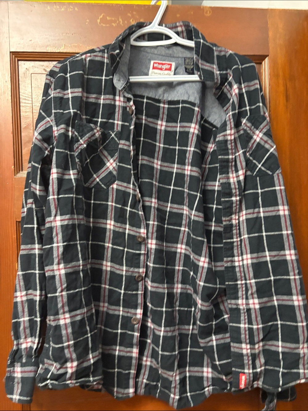 Wrangler Black Plaid Button-Down Shirt with White and Red Checks